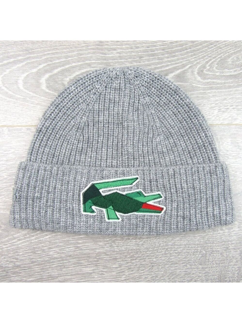 Lacoste Crocodile Big Patch Grey Wool Beanie Cap One Size NEW - Picture 4 of 13